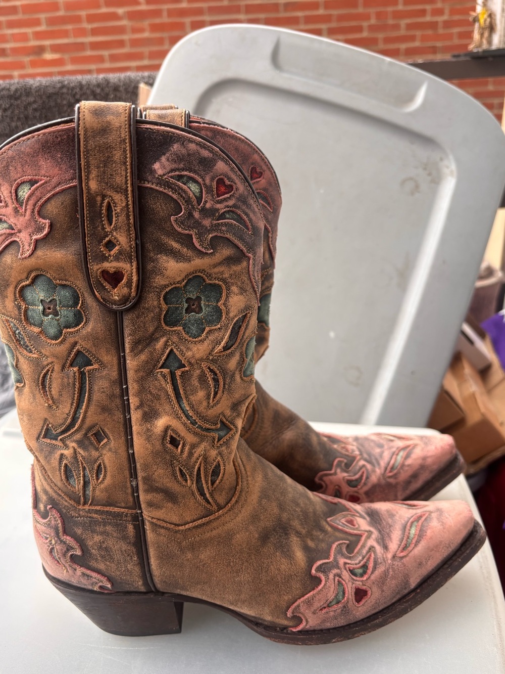 Dan Post Cowgirl Western Brown Leather Boots with Pink & Teal Inlay